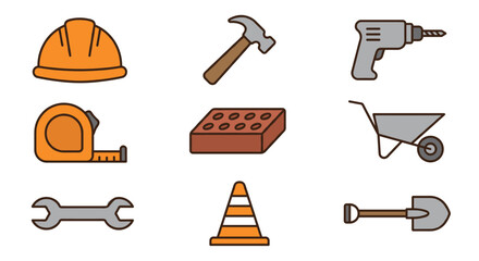 Set of construction featuring a hard hat, hammer, drill, tape measure, brick, wheelbarrow, wrench, traffic cone, and shovel © Md Maraj Uddin