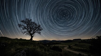Star trail over lonely tree in night landscape. Long exposure photography of rotating stars in dark sky. Scenic celestial motion, astronomy, nature exploration and cosmos concept.