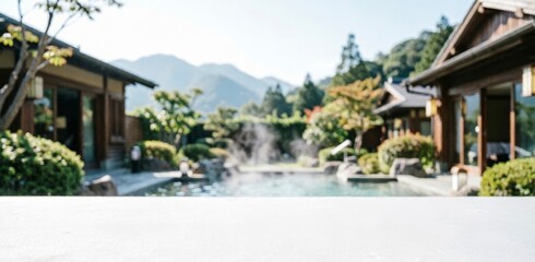 Fototapeta premium Traditional Japanese Onsen with Steaming Pool and Mountain View for Relaxation Concept