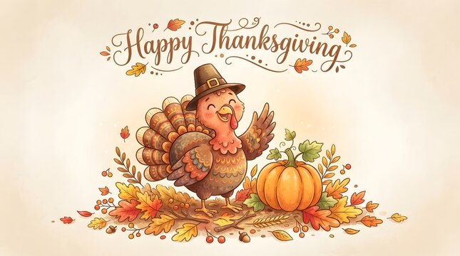 A beautiful watercolor illustration featuring a cute turkey wearing a pilgrim hat next to a pumpkin and autumn leaves with the text happy thanksgiving written