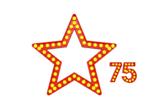 Red starburst with illuminated bulbs and number seventy five on transparent background