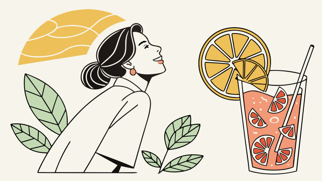Young woman enjoying a refreshing citrus drink with orange slices surrounded by tropical leaves in a summer lifestyle illustration