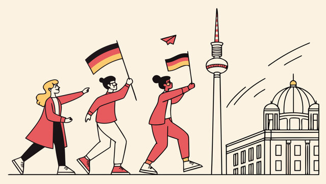 Travelers walking through Berlin carrying German flags and taking photos near famous city landmarks
