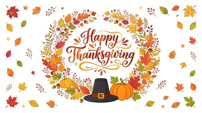 A festive happy thanksgiving greeting card design featuring a beautiful autumn wreath made of colorful fall leaves and a traditional pilgrim hat on white background