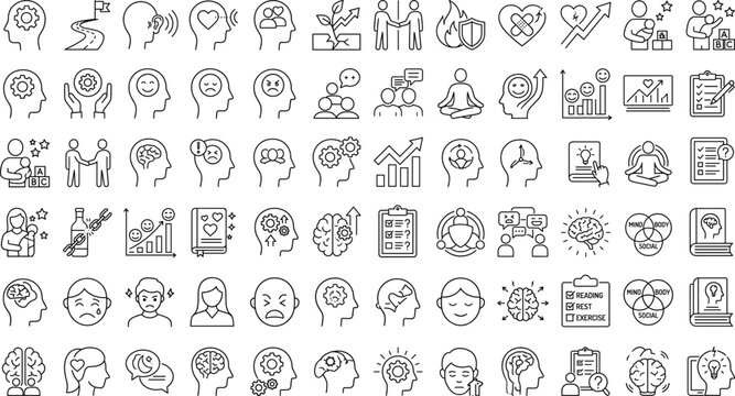 Comprehensive mental health, psychology, and personal development outline icon set for therapy and counseling designs