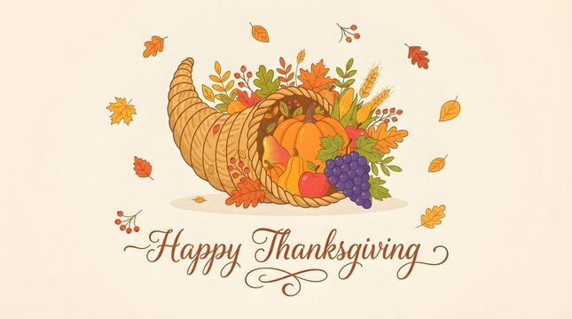 A beautiful watercolor illustration of a cornucopia filled with autumn harvest fruits and vegetables with a festive happy thanksgiving greeting written in elegant cursive script