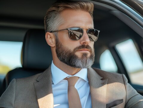 Caucasian man, 45 years old, serious in car interior, daytime