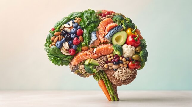 human brain shape made of diverse healthy foods like salmon berries nuts and vegetables representing nutrition for mental health