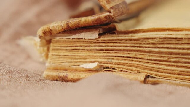 Vintage book details. Close look at aged book and tissue details. Upclose view of vintage book with aged edge textures