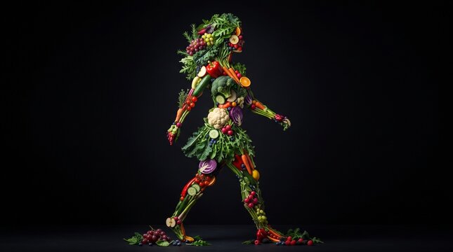 creative silhouette of a walking person made from various fresh fruits and vegetables on a black background representing a healthy lifestyle