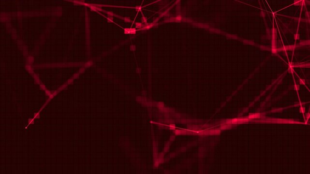 Abstract digital dots and connecting lines. Interconnected animated nodes and lines on a dark red background. Technological context. Network connection structure. Intertwining effect. 4K animation