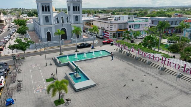Drone footage passing over the town square and Parroquia San Antonio de Padua, Isabella, Puerto Rico
