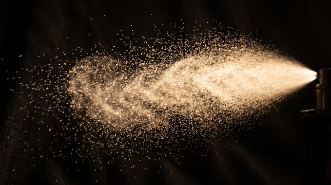Fine golden spray plume and airborne particles dispersing from nozzle against black backdrop, illuminated dramatic motion capturing tiny droplets and dust in midair