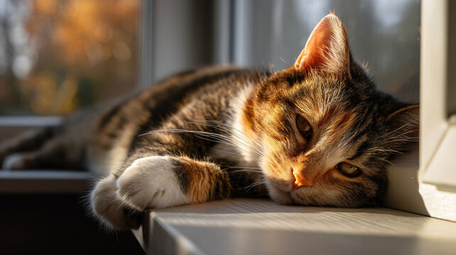 Sun-drenched Feline Repose: A calico cat naps peacefully on a sunlit windowsill, its tabby markings illuminated by the warm afternoon light, creating a scene of cozy domestic tranquility.