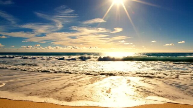Golden Hour Serenity: A breathtaking beach scene at sunset, with gentle waves lapping at the shore and the sun casting a warm, golden glow across the sky and sea. The horizon is clear.