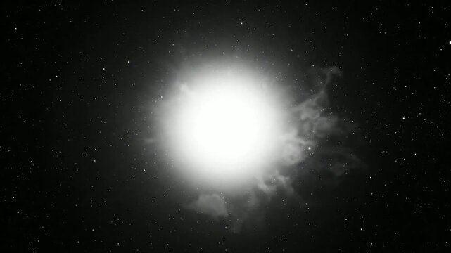 Glowing supernova explosion in deep space, cinematic star burst with nebula gas clouds and cosmic dust particles