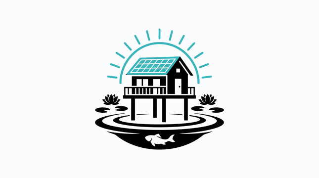 Eco Friendly Solar Powered Stilt House on Lake with Solar Panels Renewable Energy Vector Logo Icon