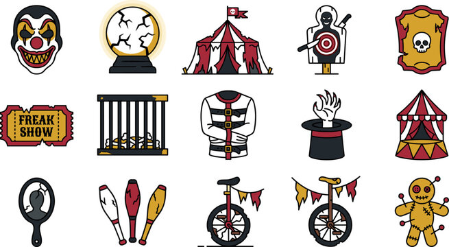 Set of circus and carnival icons, creepy freak show elements, scary clown mask, voodoo doll, magic hat, straightjacket, unicycle, and tent
