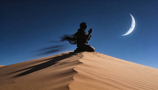 Silhouetted pilgrim praying alone on dune peak under crescent moon. Deep indigo sky