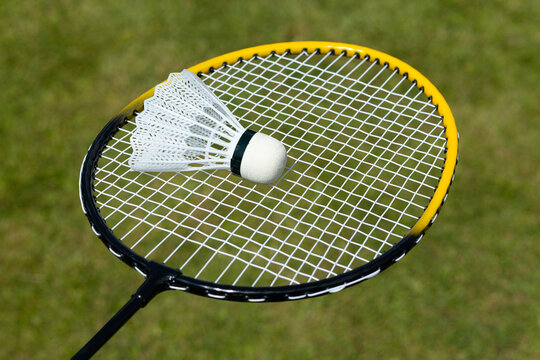 Badminton racket with shuttlecock on green court background