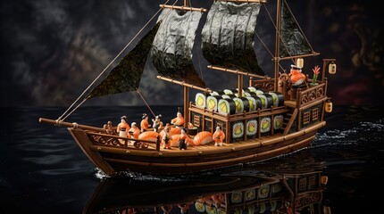 Miniature sushi boat model carrying rows of maki and nigiri with seaweed sails floating on dark reflective water, imaginative food art scene blending culinary and nautical themes © photoplotnikov