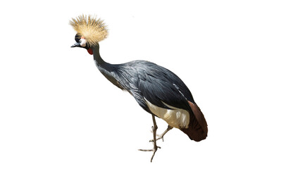 Obraz premium Exotic African grey crowned crane standing isolated on transparent background PNG design element