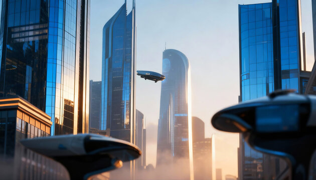 Futuristic city skyline highlighting aerial platforms and fastmoving transportation networks