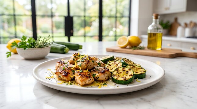 Grilled Lemon Herb Chicken with Zucchini Healthy Gourmet Dinner Plate