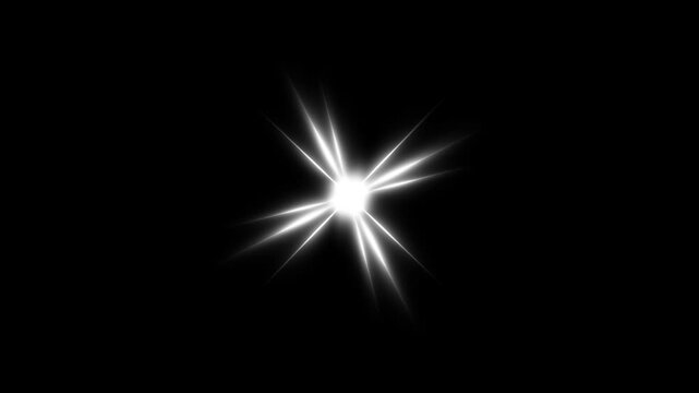 Sparkling white star glitter animation with glowing twinkle effect, flat vector cartoon doodle, shining optical flare, blinking magical light, black background, festive seamless 4k loop