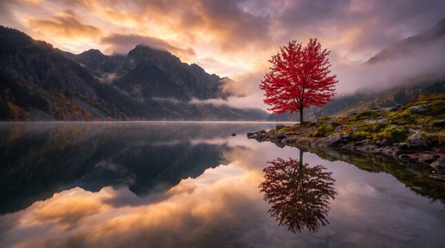 red tree reflecting on calm mountain lake water during golden hour sunset with mist