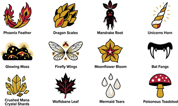 Fantasy potion ingredients icon set, magic alchemy elements, spell crafting items vector illustration