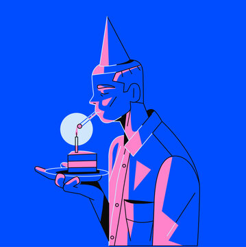 Man Blowing Out Birthday Candle on Cake