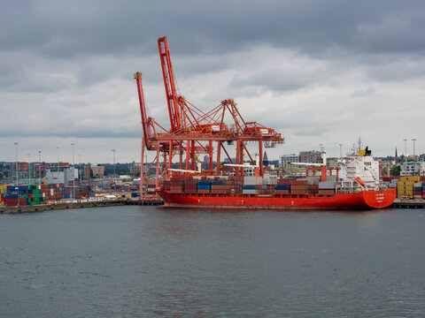 Vancouver BC, Canada - May 30, 2022: GSL Maren container ship docked at Centerm container terminal in downtown Vancouver
