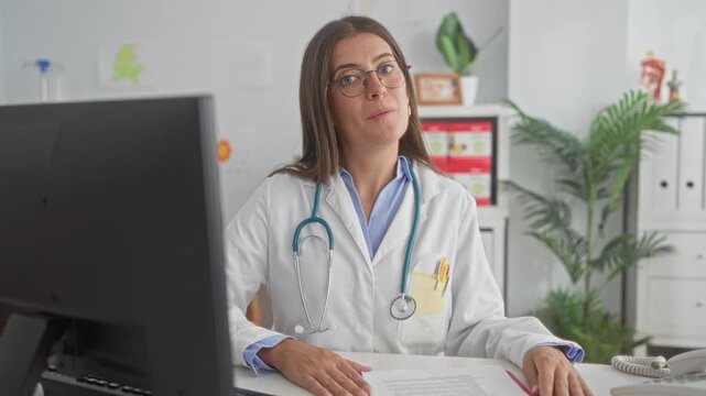 Woman doctor counting on fingers while explaining with stethoscope at clinic desk by computer monitor and paperwork; reassuring care.