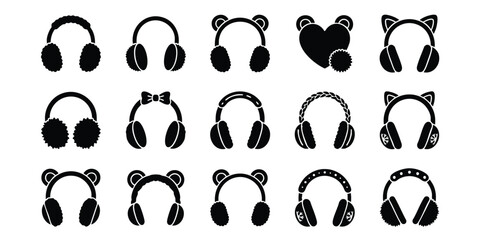 Set of cozy earmuffs icons and silhouettes with earmuffs accessory silhouette clothing collection isolated seasonal protection headwear earphones minimalist template illustration © Suriya