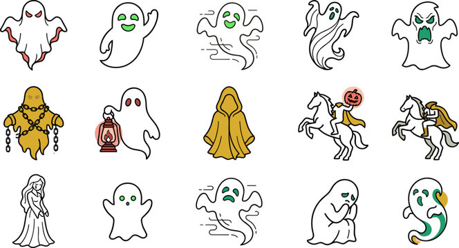 Halloween ghost vector icons set spooky ghost, phantom spirit, headless horseman, banshee, hooded cloak, and scary monsters color linear illustration