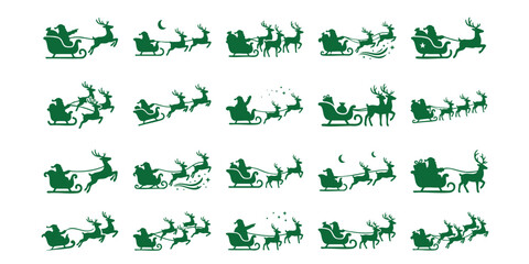 Santa claus sleigh silhouette icons collection with reindeer christmas silhouette celebration delivery collection isolated december presents traditional decoration © Suriya