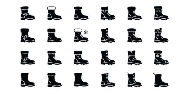Winter boots silhouette icons set with footwear silhouette clothing protection collection accessory isolated selection winterwear footprint traction