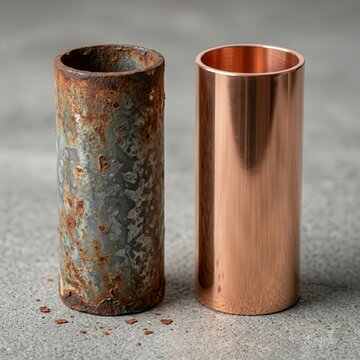Two metal tubes on a grey surface showing different states of condition, one rusty and one shiny