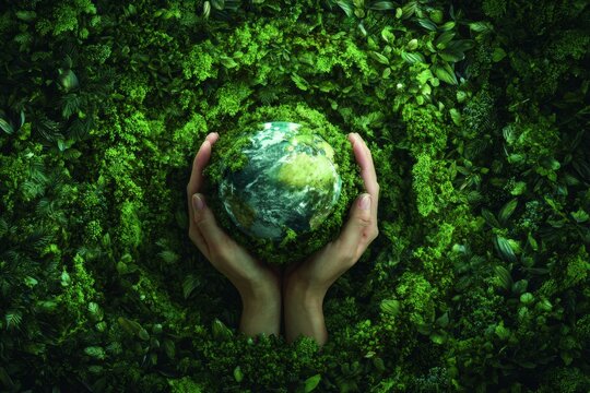 Guardians of earth: a tribute to conservation and biodiversity. Modern design. Earth embraced by nature: an enriched vision with foliage and butterflies. Lifestyle shot. Advertising photo.