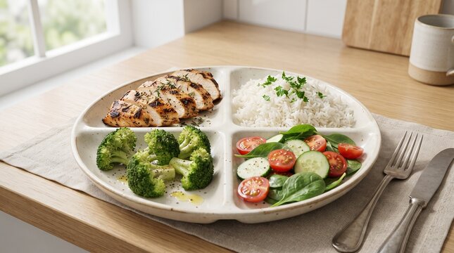 grilled chicken breast with steamed broccoli white rice and fresh garden salad served on a white divided plate on a wooden table