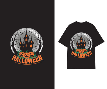 Spooky Halloween Haunted House T-Shirt Design with Full Moon Pumpkins and Vintage Typography Illustration