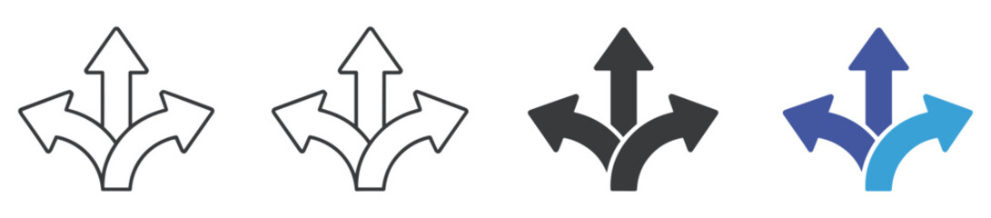 Set of diverse directional arrow icons showing multiple paths and diverging choices in different styles for visual representation © Sujon Sharma