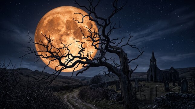 giant orange full moon rising behind a gnarled dead tree and an old church ruins in a graveyard under a starry night sky