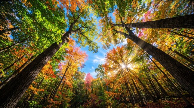 low angle view looking up at colorful autumn tree canopy with bright sun rays streaming through vibrant orange yellow and green leaves under a clear blue sky