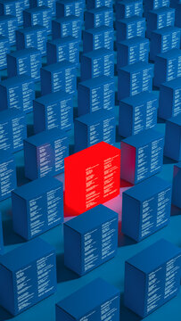 Red technology server cube in a network of blue cubes