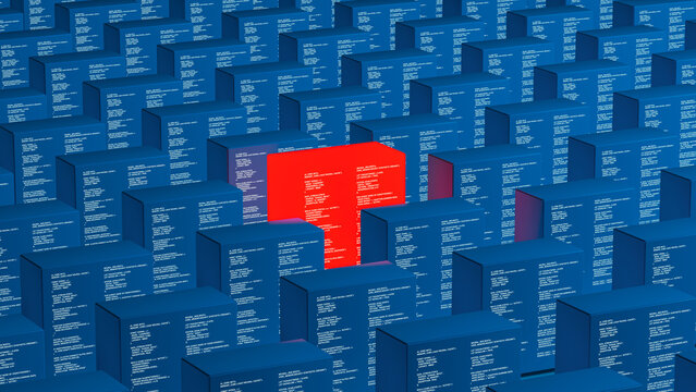 Red technology server cube in a network of blue cubes
