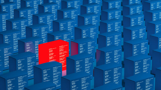 Red technology server cube in a network of blue cubes
