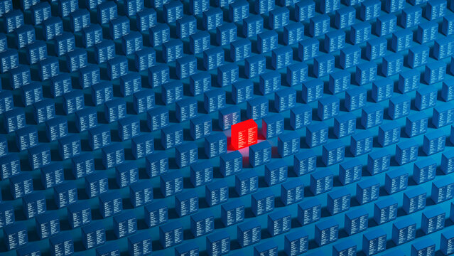 Red technology server cube in a network of blue cubes