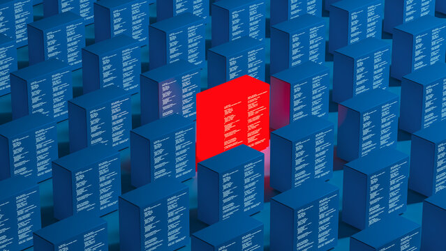 Red technology server cube in a network of blue cubes